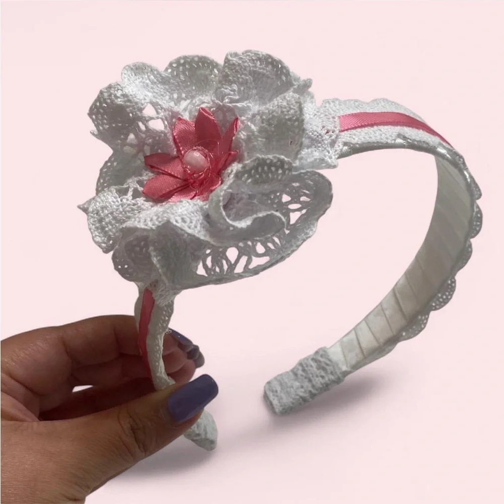 Hand Crafted White and Pink Lace Headband